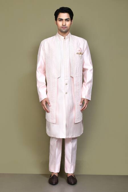 Shop_Arihant Rai Sinha_Pink Jacquard, Silk, Polyester Brooches, Embroidery Thread Jacket Kurta Set_Online_at_Aza_Fashions