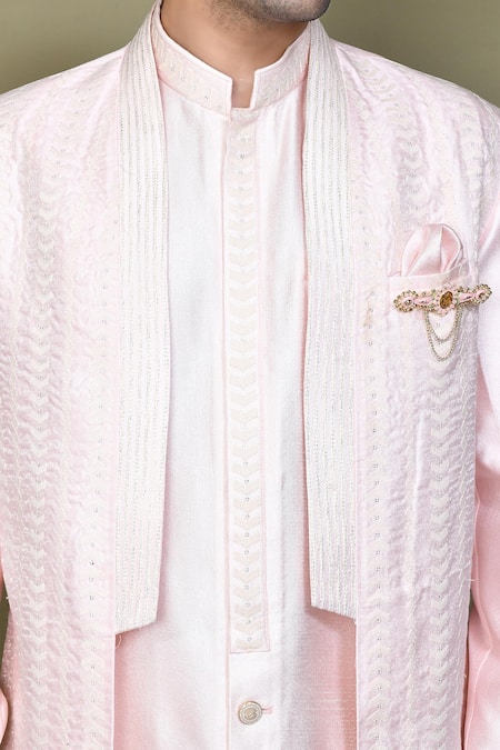 Arihant Rai Sinha_Pink Jacquard, Silk, Polyester Brooches, Embroidery Thread Jacket Kurta Set_at_Aza_Fashions