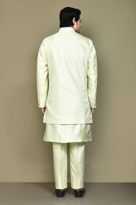 Shop_Arihant Rai Sinha_Green Jacquard, , Satin Brooches, Sequins, Thread Work Jacket Kurta Set _at_Aza_Fashions