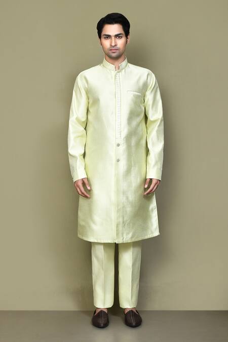 Buy_Arihant Rai Sinha_Green Jacquard, , Satin Brooches, Sequins, Thread Work Jacket Kurta Set _Online_at_Aza_Fashions