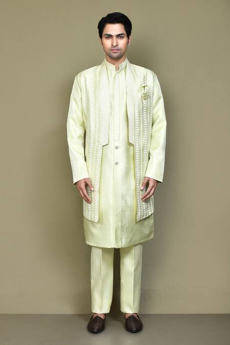 Shop_Arihant Rai Sinha_Green Jacquard, , Satin Brooches, Sequins, Thread Work Jacket Kurta Set _Online_at_Aza_Fashions