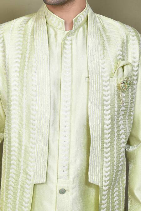Arihant Rai Sinha_Green Jacquard, , Satin Brooches, Sequins, Thread Work Jacket Kurta Set _at_Aza_Fashions