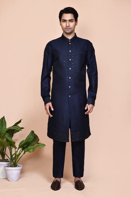 Buy_Arihant Rai Sinha_Blue Jacquard, Silk Sequins, Zari, Embroidery Thread And Jacket Kurta Set _Online_at_Aza_Fashions