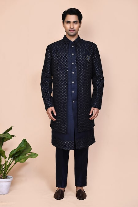 Shop_Arihant Rai Sinha_Blue Jacquard, Silk Sequins, Zari, Embroidery Thread And Jacket Kurta Set _Online_at_Aza_Fashions
