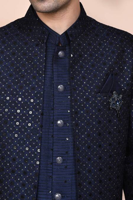 Arihant Rai Sinha_Blue Jacquard, Silk Sequins, Zari, Embroidery Thread And Jacket Kurta Set _at_Aza_Fashions