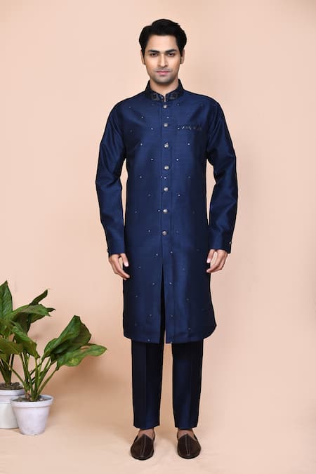Buy_Arihant Rai Sinha_Blue Jacquard, Silk Brooches, Embroidery Mughal Thread Jacket Kurta Set _Online_at_Aza_Fashions