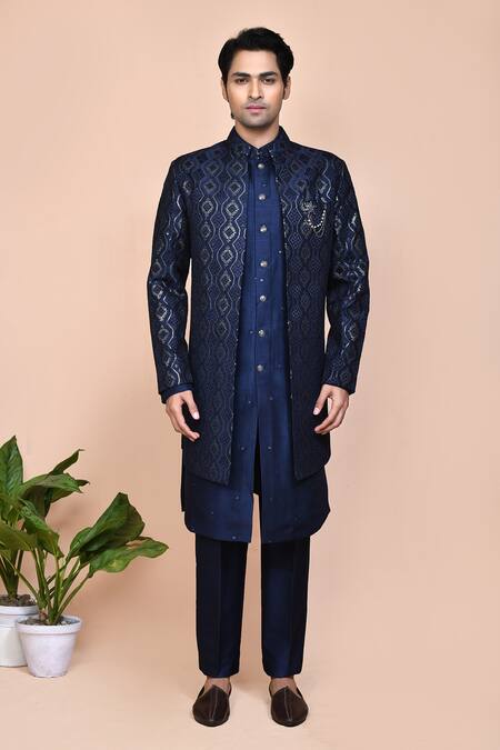Shop_Arihant Rai Sinha_Blue Jacquard, Silk Brooches, Embroidery Mughal Thread Jacket Kurta Set _Online_at_Aza_Fashions