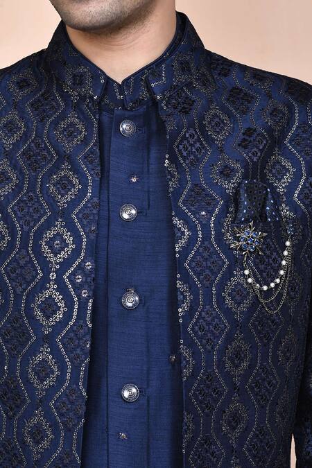 Arihant Rai Sinha_Blue Jacquard, Silk Brooches, Embroidery Mughal Thread Jacket Kurta Set _at_Aza_Fashions