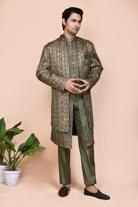 Arihant Rai Sinha Striped Thread Embroidered Jacket Kurta Set 