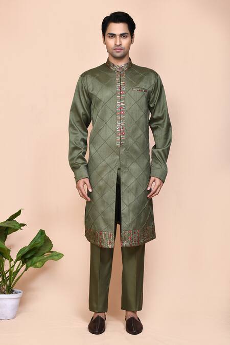 Buy_Arihant Rai Sinha_Green Jacquard, Silk Sequins, Embroidery, Striped Thread Jacket Kurta Set _Online_at_Aza_Fashions