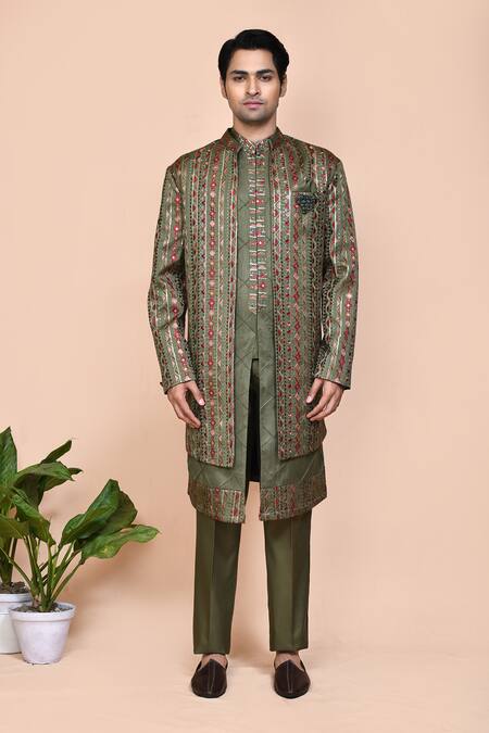 Shop_Arihant Rai Sinha_Green Jacquard, Silk Sequins, Embroidery, Striped Thread Jacket Kurta Set _Online_at_Aza_Fashions