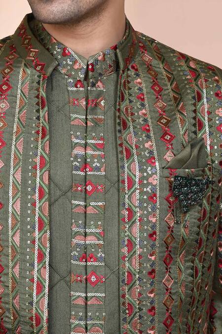 Arihant Rai Sinha_Green Jacquard, Silk Sequins, Embroidery, Striped Thread Jacket Kurta Set _at_Aza_Fashions