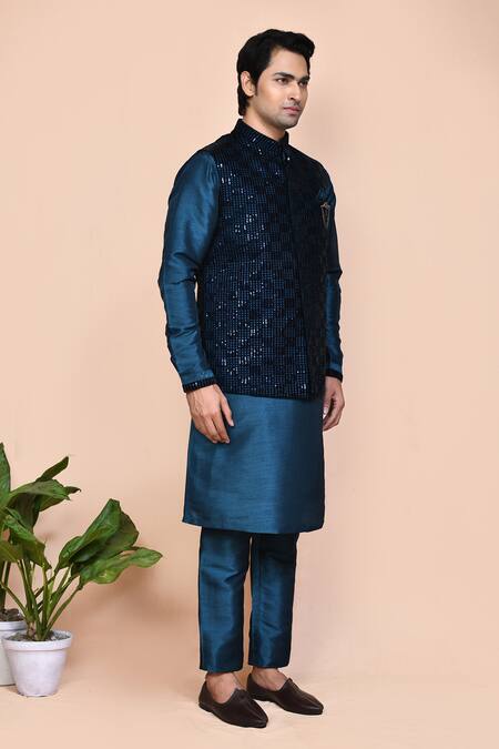 Arihant Rai Sinha_Blue Silk, Velvet, Polyester Sequins Embroidered Bundi Set _at_Aza_Fashions