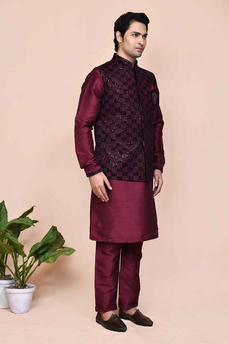 Shop_Arihant Rai Sinha_Wine Velvet, , Organza Brooches, Embroidery, Sequins Bundi Set _Online_at_Aza_Fashions