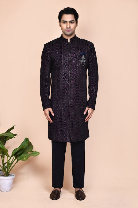 Shop_Arihant Rai Sinha_Purple Velvet, Polyester, Terrycloth Sequins, Embroidery Geometric Sherwani Set _Online_at_Aza_Fashions