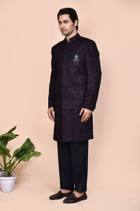 Arihant Rai Sinha_Purple Velvet, Polyester, Terrycloth Sequins, Embroidery Geometric Sherwani Set _at_Aza_Fashions