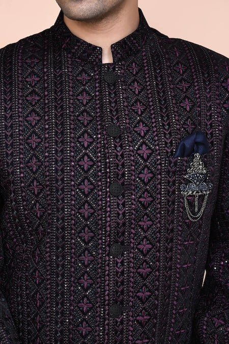 Buy_Arihant Rai Sinha_Purple Velvet, Polyester, Terrycloth Sequins, Embroidery Geometric Sherwani Set 