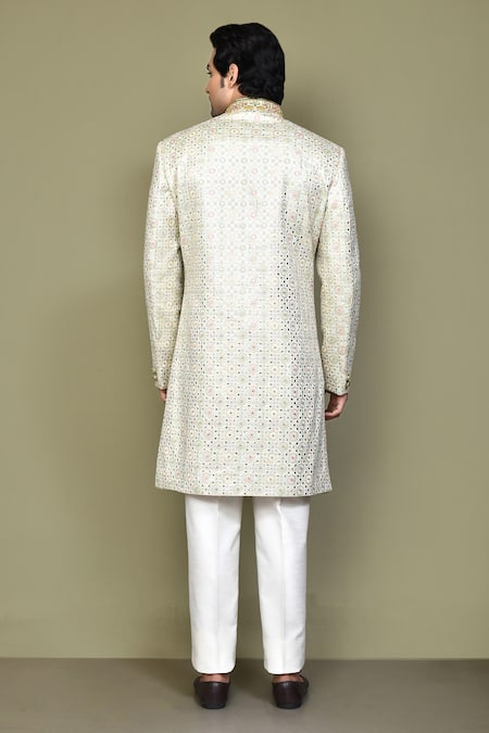 Shop_Arihant Rai Sinha_Green Jacquard, Polyester, Tissue Embroidery, Zari, Mughal Jaal Sherwani Set _at_Aza_Fashions