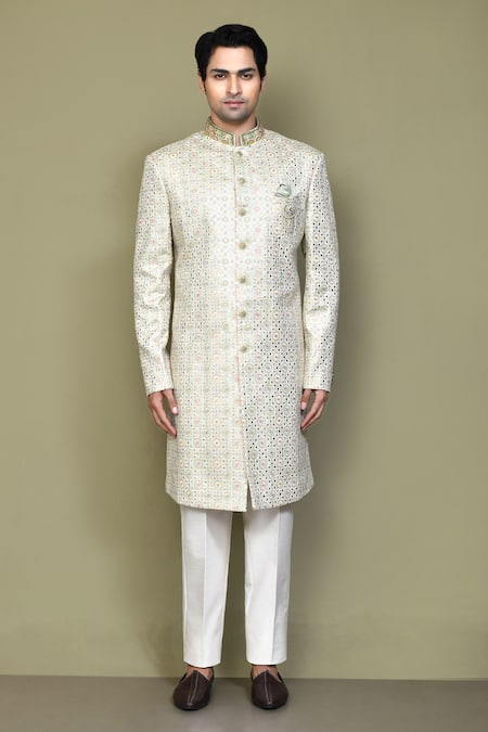 Buy_Arihant Rai Sinha_Green Jacquard, Polyester, Tissue Embroidery, Zari, Mughal Jaal Sherwani Set _Online_at_Aza_Fashions
