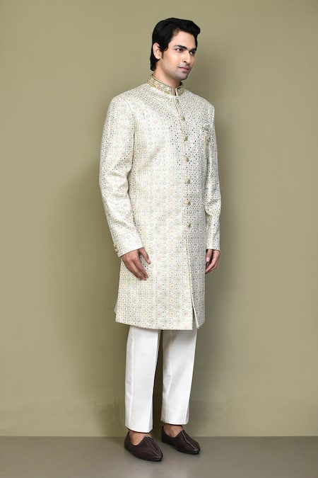Shop_Arihant Rai Sinha_Green Jacquard, Polyester, Tissue Embroidery, Zari, Mughal Jaal Sherwani Set _Online_at_Aza_Fashions