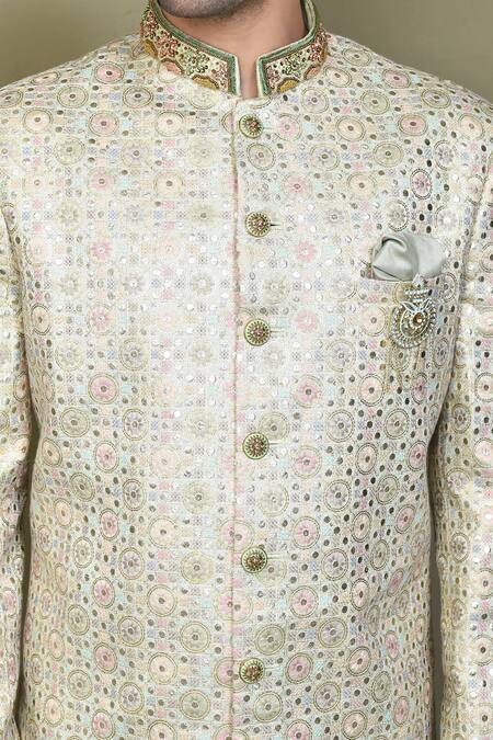 Arihant Rai Sinha_Green Jacquard, Polyester, Tissue Embroidery, Zari, Mughal Jaal Sherwani Set _at_Aza_Fashions