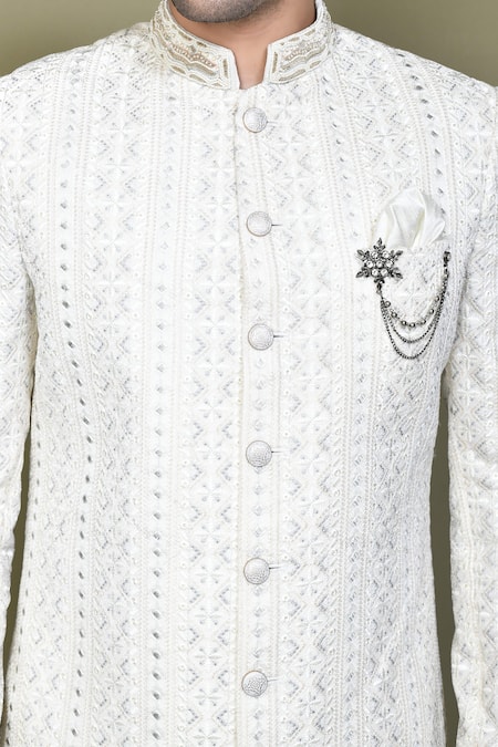 Arihant Rai Sinha_Cream Jacquard, Polyester, Tweed, Silk Floral Striped Embroidered Sherwani Set _at_Aza_Fashions