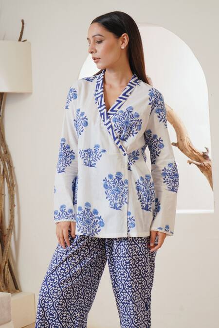 Nero India_Blue Cotton Embroidery, Lace Floral Buta Hand Block Print Wrap Kurta And Pant Set_Online_at_Aza_Fashions