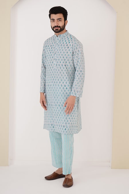 Nero India Blue Pure Cotton Hand Block Printed Floral Kurta 