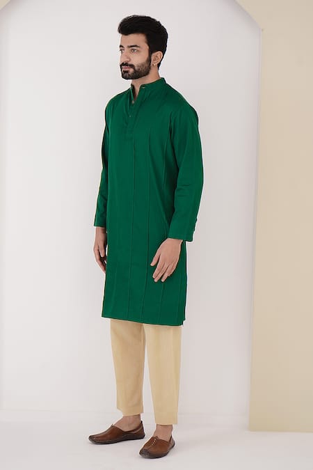 Nero India_Green Satin, Solid Kurta And Gold Pant Set _Online_at_Aza_Fashions