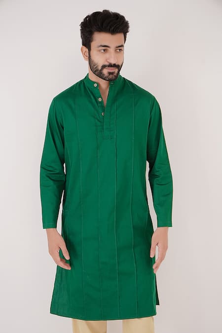 Shop_Nero India_Green Satin, Solid Kurta And Gold Pant Set _Online_at_Aza_Fashions