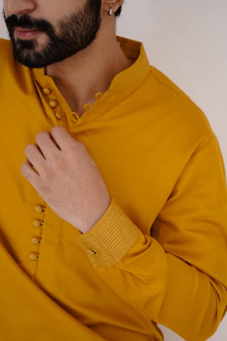 Nero India_Yellow Satin, Zari Collar Embroidered Kurta And Pant Set _Online_at_Aza_Fashions