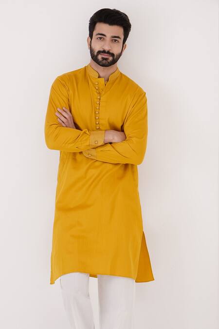 Buy_Nero India_Yellow Satin, Zari Collar Embroidered Kurta And Pant Set _Online_at_Aza_Fashions