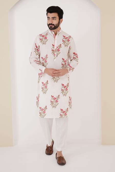 Nero India Ivory Pure Cotton Hand Block Printed Floral Kurta And Pant Set 