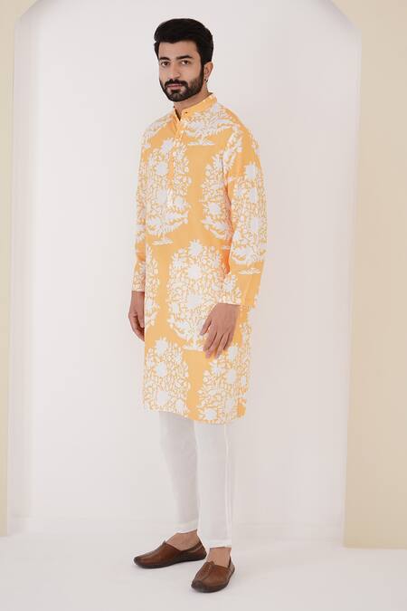 Nero India_Yellow Viscose, Cotton Embroidery Floral Hand Block Pattern Kurta And Pant Set _Online_at_Aza_Fashions