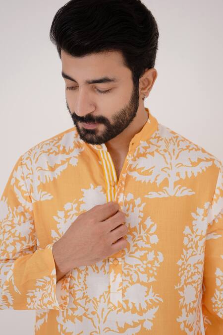 Buy_Nero India_Yellow Viscose, Cotton Embroidery Floral Hand Block Pattern Kurta And Pant Set _Online_at_Aza_Fashions