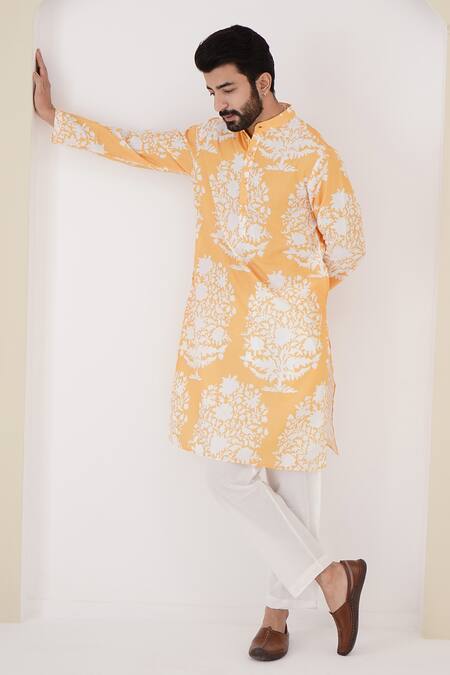 Shop_Nero India_Yellow Viscose, Cotton Embroidery Floral Hand Block Pattern Kurta And Pant Set _Online_at_Aza_Fashions
