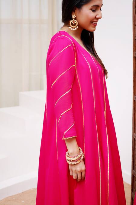 Buy_Nero India_Fuchsia Cotton Satin, Chanderi Gota Patti Embellished Anarkali Set With Pant _Online_at_Aza_Fashions