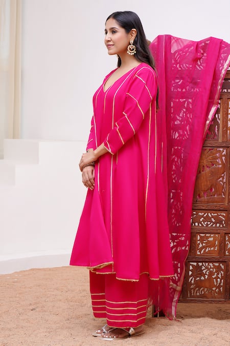 Shop_Nero India_Fuchsia Cotton Satin, Chanderi Gota Patti Embellished Anarkali Set With Pant _Online_at_Aza_Fashions