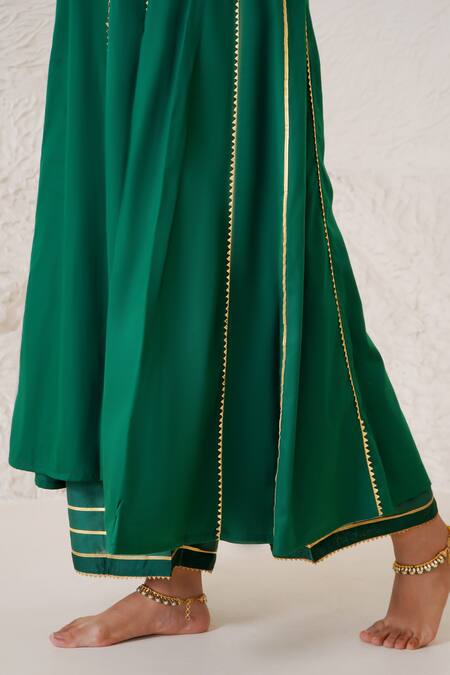 Buy_Nero India_Emerald Green Cotton Satin, Dori Embroidered Placement Anarkali Pant Set _Online_at_Aza_Fashions