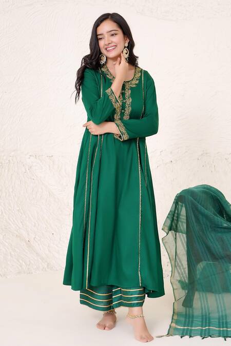 Shop_Nero India_Emerald Green Cotton Satin, Dori Embroidered Placement Anarkali Pant Set _Online_at_Aza_Fashions