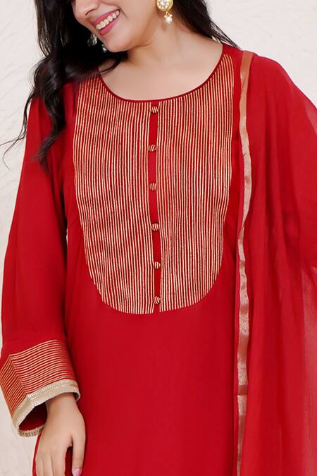 Nero India_Red Silk, Modal Lace Round Neck Zari Embroidered Kurta Pant Set _at_Aza_Fashions