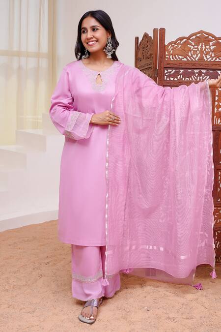 Nero India Purple Cotton Satin, Chiffon Gota Patti, Zari Placed Embroidered Kurta Pant Set at Aza Fashions Nero India_Purple Cotton Satin, Chiffon Gota Patti, Zari Placed Embroidered Kurta Pant Set _at_Aza_Fashions
