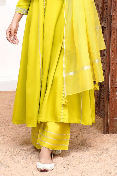 Buy Nero India Green Cotton Satin, Chanderi Gota Placed Dori Embroidered Anarkali Pant Set Online at Aza Fashions Buy_Nero India_Green Cotton Satin, Chanderi Gota Placed Dori Embroidered Anarkali Pant Set _Online_at_Aza_Fashions