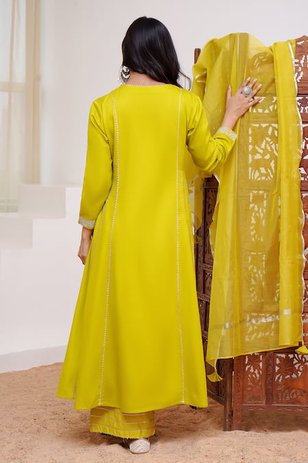 Nero India Green Cotton Satin, Chanderi Gota Placed Dori Embroidered Anarkali Pant Set Online at Aza Fashions Nero India_Green Cotton Satin, Chanderi Gota Placed Dori Embroidered Anarkali Pant Set _Online_at_Aza_Fashions