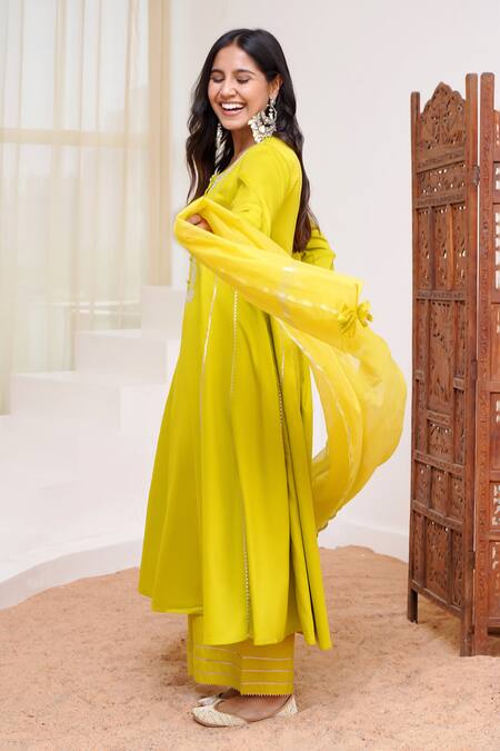 Shop Nero India Green Cotton Satin, Chanderi Gota Placed Dori Embroidered Anarkali Pant Set Online at Aza Fashions Shop_Nero India_Green Cotton Satin, Chanderi Gota Placed Dori Embroidered Anarkali Pant Set _Online_at_Aza_Fashions