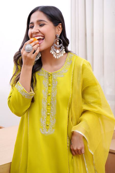 Nero India Green Cotton Satin, Chanderi Gota Placed Dori Embroidered Anarkali Pant Set at Aza Fashions Nero India_Green Cotton Satin, Chanderi Gota Placed Dori Embroidered Anarkali Pant Set _at_Aza_Fashions