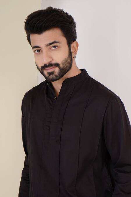 Buy_Nero India_Black Cotton Satin Embroidery Solid Pintuck Kurta _Online_at_Aza_Fashions