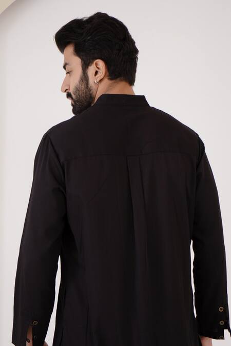 Shop_Nero India_Black Cotton Satin Embroidery Solid Pintuck Kurta _Online_at_Aza_Fashions