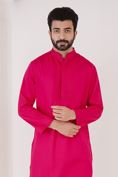Nero India_Fuchsia Cotton Satin Embroidery Pintuck Bodice Kurta _Online_at_Aza_Fashions