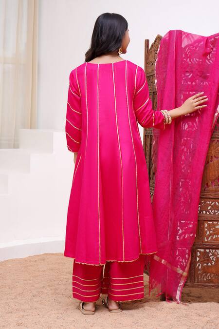 Shop Nero India Fuchsia Cotton Satin Gota Patti V-neck Work Panelled Anarkali And Pant Set at Aza Fashions Shop_Nero India_Fuchsia Cotton Satin Gota Patti V-neck Work Panelled Anarkali And Pant Set_at_Aza_Fashions